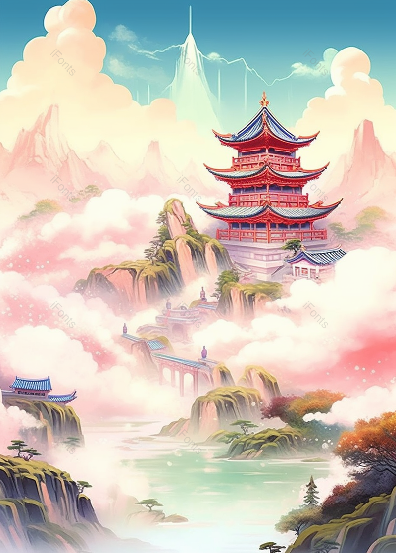 国潮粉色唯美渐变彩色山水画,插画/手绘图,插画/手绘图库,插画/手绘图下载,插画/手绘